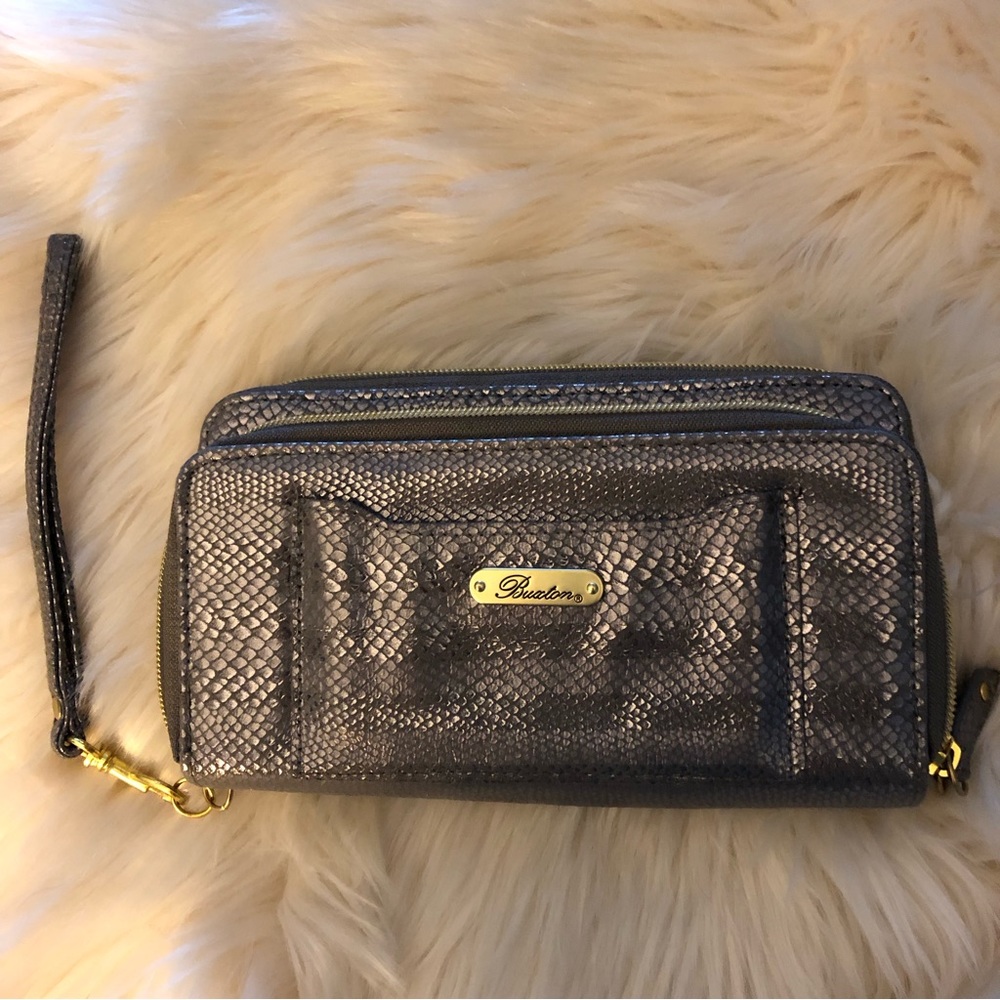 Buxton silver metallic snake embossed leather wallet wristlet.